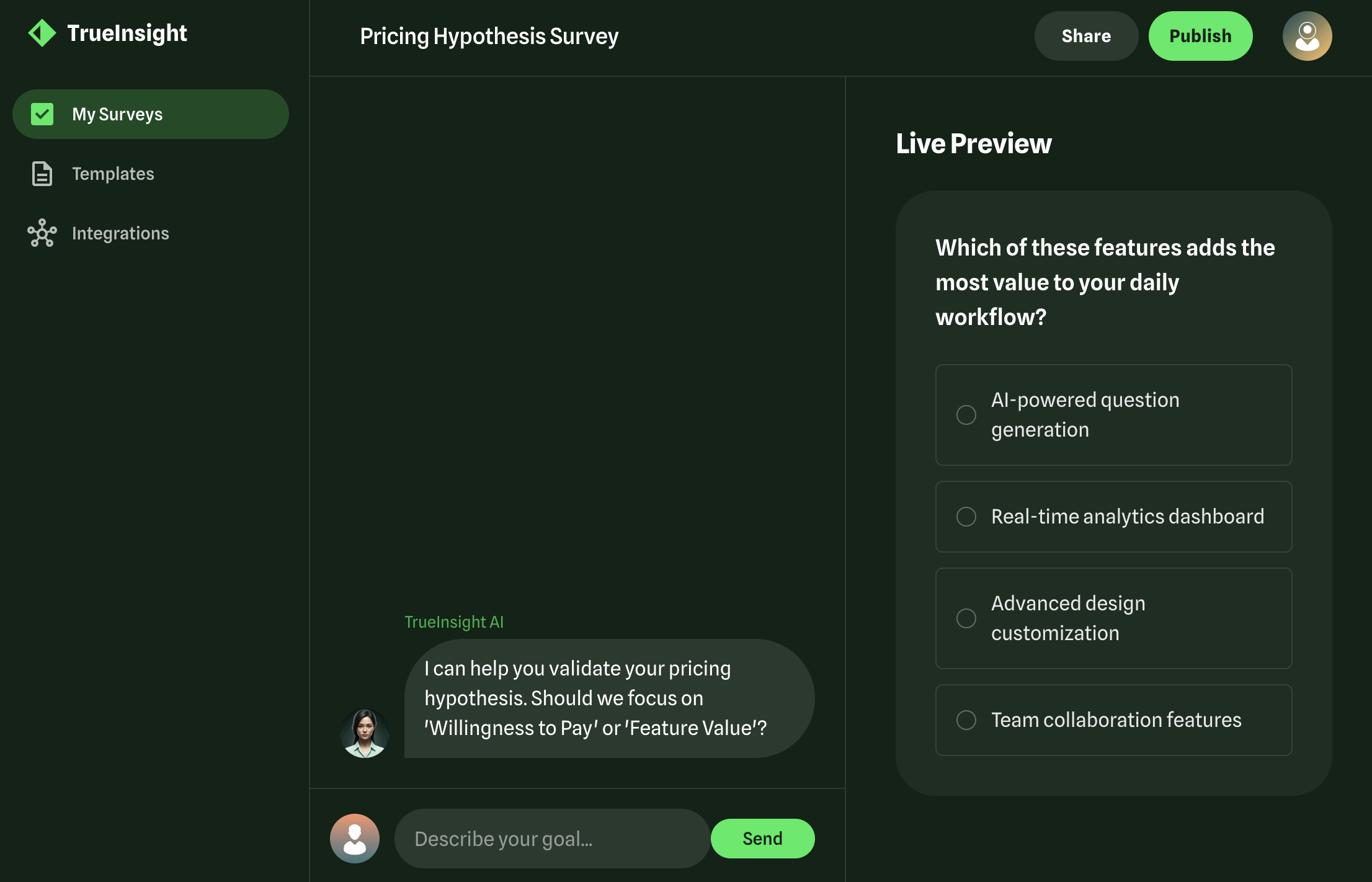 A screenshot of the TrueInsight app builder, showing a clean, dark-themed user interface with charts and question-building tools.